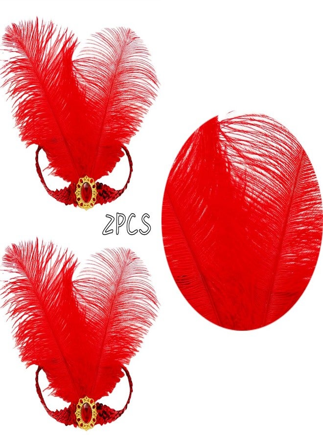 XKTEI 2 Pieces 1920s Flapper Headband,Sequins Feather Headpiece,Mardi Gras Carnival Party Headwear Costume Accessory,Women Girls (Red, Free Size) - Image 2